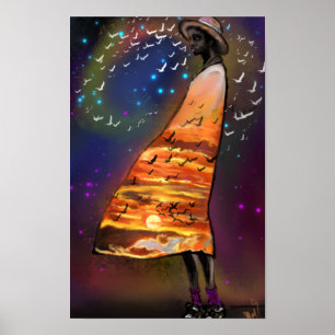 Vrouw en Vogels Kunst Zonsondergang Poster Print -