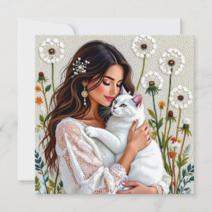 Vrouw en witte kat en paardenbloemen feestdagenkaart