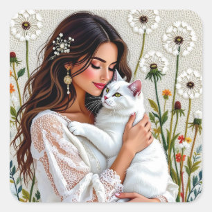 Vrouw en witte kat en paardenbloemen vierkante sticker