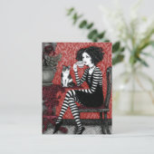 Vrouw geniet van koffie met kat briefkaart (Staand voorkant)