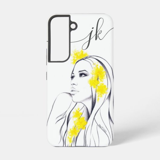 Vrouw Gezicht Gele Bloemen Mode Elegant Monogram Samsung Galaxy Hoesje (Achterkant)
