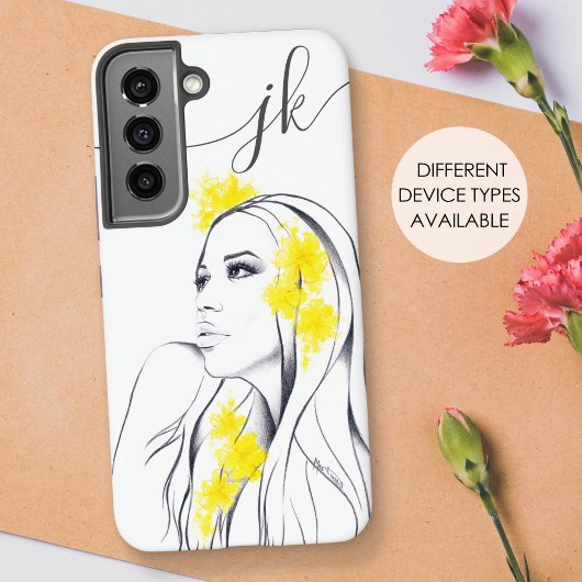 Vrouw Gezicht Gele Bloemen Mode Elegant Monogram Samsung Galaxy Hoesje