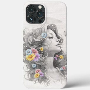 Vrouw gezicht met bloemen geweven effect iPhone 13 pro max hoesje