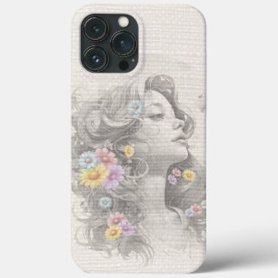Vrouw gezicht met bloemen jute effect iPhone 13 pro max hoesje
