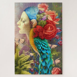 Vrouw gezicht met floral n peace-ock veren legpuzzel