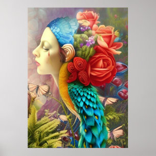 Vrouw gezicht met floral n peace-ock veren poster