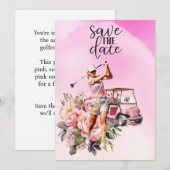 Vrouw golfer met roze golfkar op roze kaart (Voorkant / Achterkant)