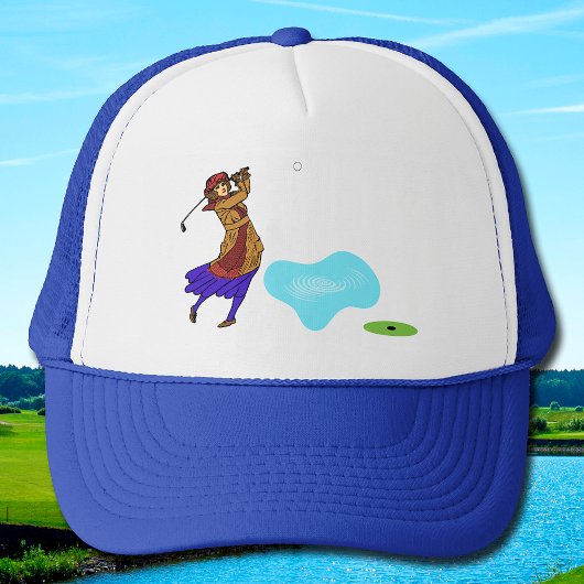 Vrouw Golfer Rijden over Water Hazard Trucker Pet