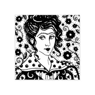 VROUW, GOTISCH PORTRET, VOLKSKUNST, BLOEMEN & WIJN RUBBERSTEMPEL