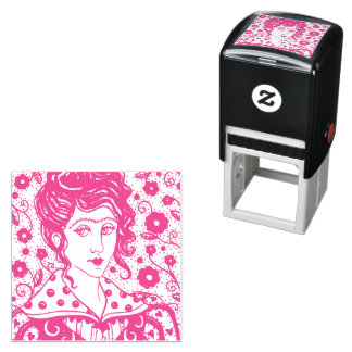 VROUW, GOTISCH PORTRET, VOLKSKUNST, BLOEMEN & WIJN  ZELFINKTENDE STEMPEL