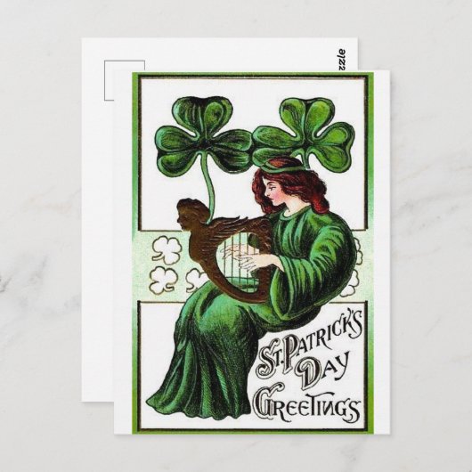 Vrouw Harp van Erin Shamrock, St Patrick's Day Briefkaart (Voorkant / Achterkant)