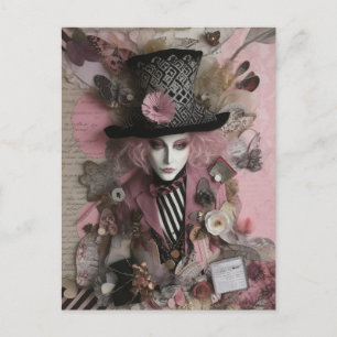 Vrouw Hatter Pink Mixed Media Collage Briefkaart