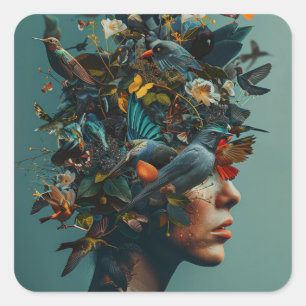 Vrouw Hoofd mode Vogels natuur plant Bloem Beaut Vierkante Sticker