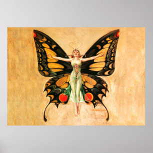 Vrouw Illustratie Fladderende Vlinder Vliegend Poster
