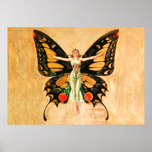 Vrouw Illustratie Fladderende Vlinder Vliegend Poster (Voorkant)