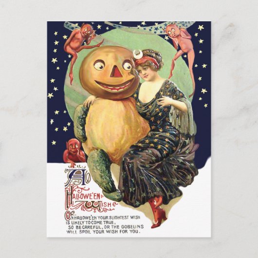 Vrouw in bedrijf van Jack O' Lantern en goblins Briefkaart (Voorkant)