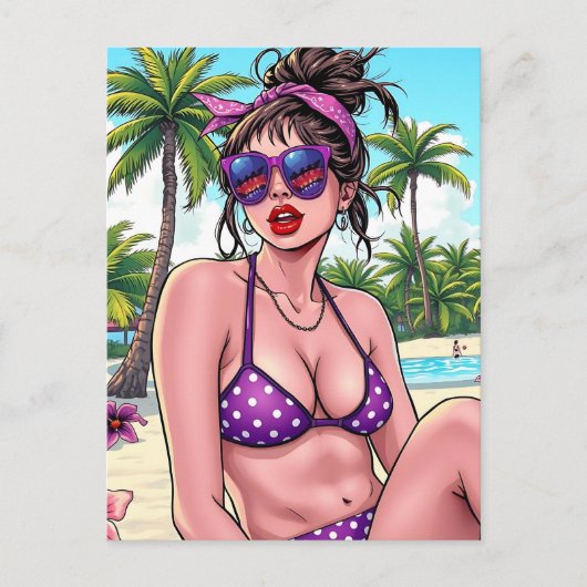 Vrouw in Bikini en Bandanna op het strand Briefkaart (Voorkant)
