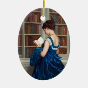 Vrouw in Blauw, een boek lezen Keramisch Ornament
