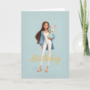 Vrouw in blauw en wit met verjaardagsfeestje met k kaart