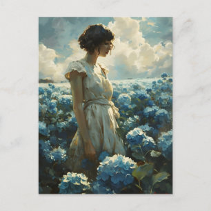 Vrouw in blauw Hydrangea veld:  Beauty Briefkaart