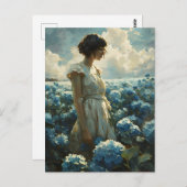 Vrouw in blauw Hydrangea veld:  Beauty Briefkaart (Voorkant / Achterkant)