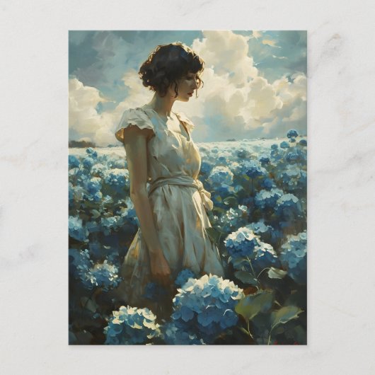 Vrouw in blauw Hydrangea veld:  Beauty Briefkaart (Voorkant)
