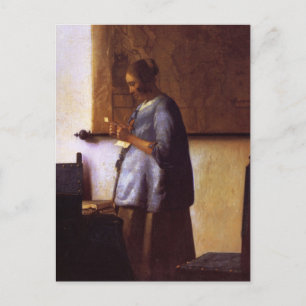 Vrouw in Blauw Leest een brief Briefkaart