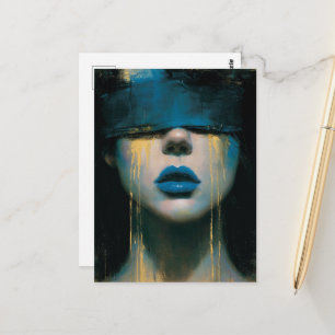 Vrouw in blauwe blinddoek gouden tranen briefkaart