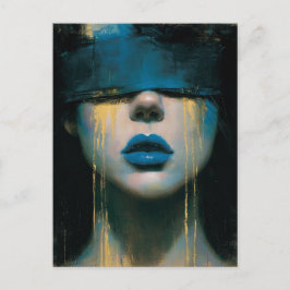 Vrouw in blauwe blinddoek gouden tranen briefkaart