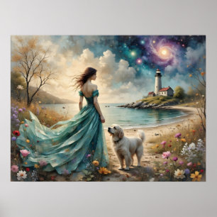 Vrouw in blauwe jurk op het strand met hond, vuurt poster