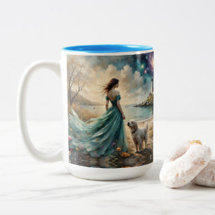 Vrouw in blauwe jurk op het strand met hond, vuurt tweekleurige koffiemok