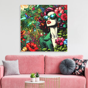 vrouw in bloementuin canvas afdruk