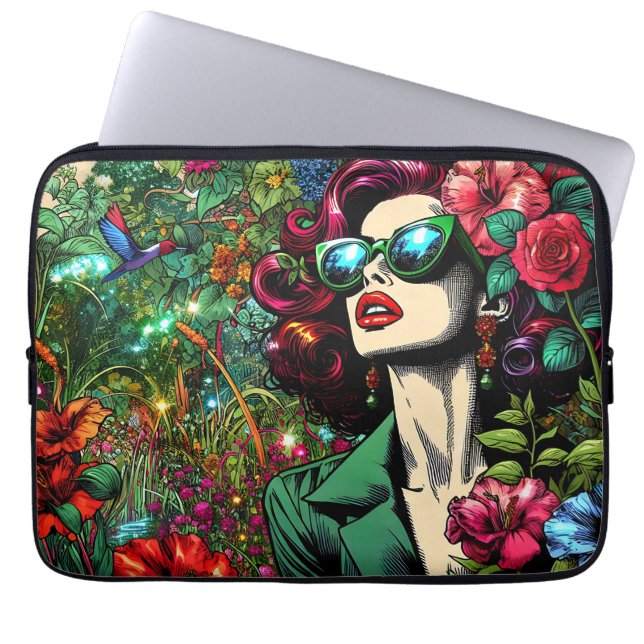  vrouw in bloementuin laptop sleeve (Voorkant)
