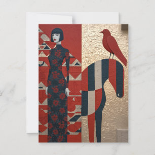 Vrouw in bloemrijke jurk, geruit paard & roodvogel briefkaart