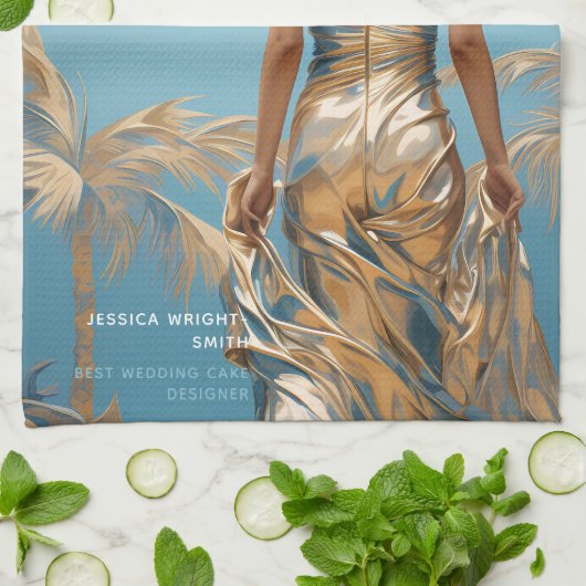 Vrouw in Champaigne kleur jurk blauw esthetisch Theedoek (Gevouwen)