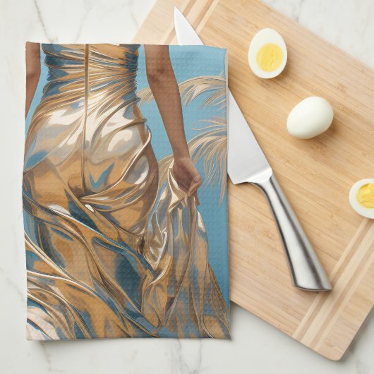 Vrouw in Champaigne kleur jurk blauw esthetisch Theedoek (Quarter Fold)