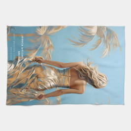 Vrouw in Champaigne kleur jurk blauw esthetisch Theedoek