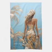 Vrouw in Champaigne kleur jurk blauw esthetisch Theedoek (Verticaal)