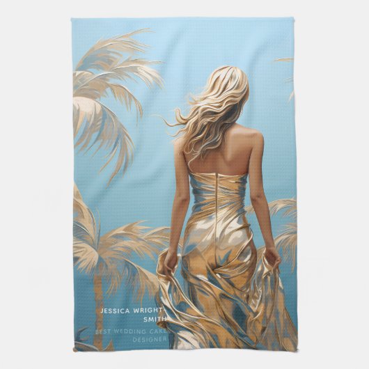 Vrouw in Champaigne kleur jurk blauw esthetisch Theedoek (Verticaal)