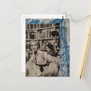 Vrouw in de bibliotheek in het tijdperk van de jar briefkaart