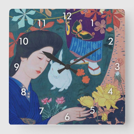 Vrouw in de Bloertuin, Goyō Hashiguchi Vierkante Klok (Voorkant)