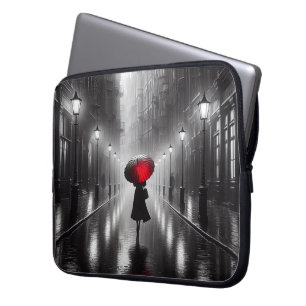 Vrouw in de regen met rode paraplu laptop sleeve