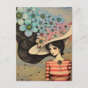 Vrouw in een bloemenPet Briefkaart