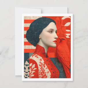 Vrouw in een bloemrijke rode bloemenjurk en een ro briefkaart