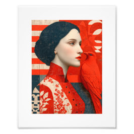 Vrouw in een bloemrijke rode bloemenjurk en een ro foto afdruk