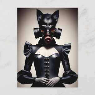 Vrouw in een gasmasker en lederen sok briefkaart
