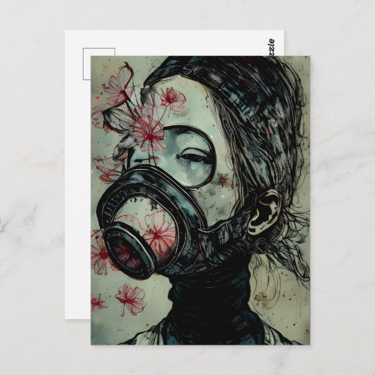 Vrouw in een gasmasker met bloemen briefkaart (Voorkant / Achterkant)