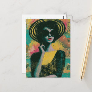 Vrouw in een gestreepte zonnehoed Zomerpret Briefkaart