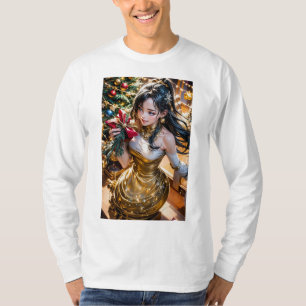 Vrouw in een gouden jurk met een rode roos aan de
