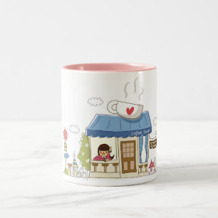 Vrouw in een koffiewinkel tweekleurige koffiemok